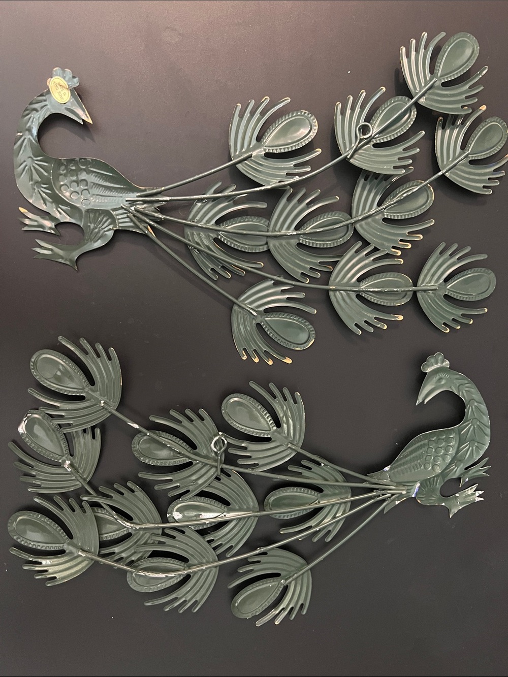 Vintage MCM Metal Peacock Wall Art Decor Set (2) - Made In Hong Kong - Picture 2 of 10